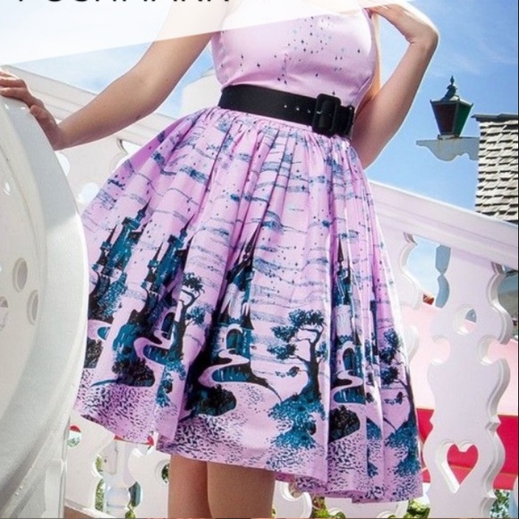 Pinup Girl Clothing Aurora Dress Castles PUG Small Disney Dress Shop Pin Up - Picture 1 of 5